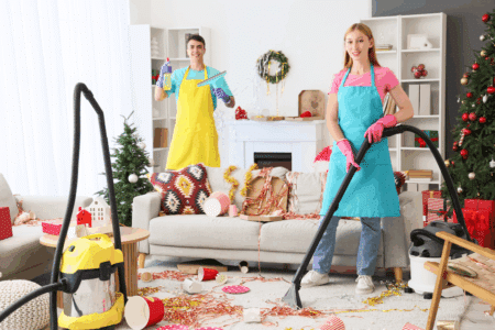 Two professional cleaners carefully restore a holiday-themed living room after a celebration, vacuuming the carpet and clearing scattered cups, confetti, and ribbons while festive decorations remain beautifully displayed in the background.