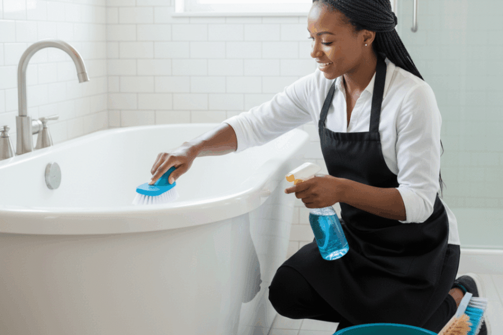 Professional maid service scrubbing and sanitizing a bathtub during a detailed deep cleaning.
