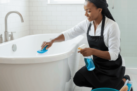 Residential cleaning team sanitizing a bathtub in a Bridgewater home bathroom.