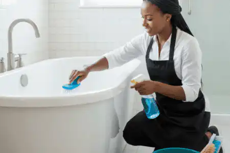 Residential cleaning team sanitizing a bathtub in a Bridgewater home bathroom.
