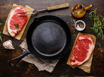 cast iron skillet with meat
